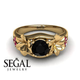 Unique Engagement Ring 14K Yellow Gold Floral Flowers Vintage Antique Black Diamond With Ruby 