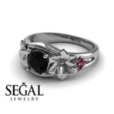 Unique Engagement Ring 14K White Gold Floral Flowers Vintage Antique Black Diamond With Ruby 
