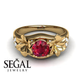 Unique Engagement Ring 14K Yellow Gold Floral Flowers Vintage Antique Ruby With Diamond 