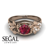 Unique Engagement Ring 14K Rose Gold Floral Flowers Vintage Antique Ruby With Diamond 
