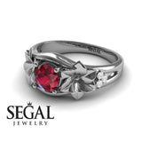 Unique Engagement Ring 14K White Gold Floral Flowers Vintage Antique Ruby With Diamond 