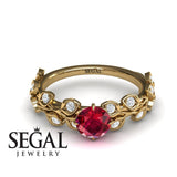 Unique Engagement Ring 14K Yellow Gold Leafs And Branches Vintage Ruby With Diamond 
