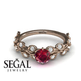 Unique Engagement Ring 14K Rose Gold Leafs And Branches Vintage Ruby With Diamond 