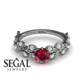 Unique Engagement Ring 14K White Gold Leafs And Branches Vintage Ruby With Diamond 