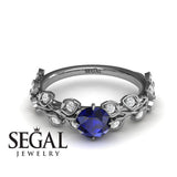 Unique Engagement Ring 14K White Gold Leafs And Branches Vintage Sapphire With Diamond 