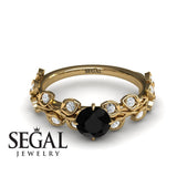 Unique Engagement Ring 14K Yellow Gold Leafs And Branches Vintage Black Diamond With Diamond 