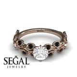Unique Engagement Ring 14K Rose Gold Leafs And Branches Vintage Diamond With Black Diamond 