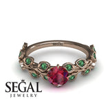 Unique Engagement Ring 14K Rose Gold Leafs And Branches Vintage Ruby With Green Emerald 
