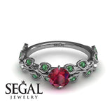 Unique Engagement Ring 14K White Gold Leafs And Branches Vintage Ruby With Green Emerald 