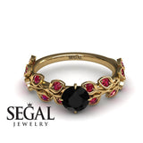 Unique Engagement Ring 14K Yellow Gold Leafs And Branches Vintage Black Diamond With Ruby 