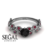 Unique Engagement Ring 14K White Gold Leafs And Branches Vintage Black Diamond With Ruby 