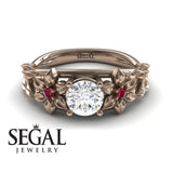 Unique Engagement Ring Diamond ring 14K Rose Gold Floral Flowers And Leafs Vintage Art Deco Diamond With Ruby 