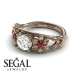 Unique Engagement Ring Diamond ring 14K Rose Gold Floral Flowers And Leafs Vintage Art Deco Diamond With Ruby 