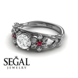 Unique Engagement Ring Diamond ring 14K White Gold Floral Flowers And Leafs Vintage Art Deco Diamond With Ruby 