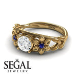 Unique Engagement Ring Diamond ring 14K Yellow Gold Floral Flowers And Leafs Vintage Art Deco Diamond With Sapphire 