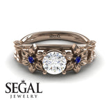 Unique Engagement Ring Diamond ring 14K Rose Gold Floral Flowers And Leafs Vintage Art Deco Diamond With Sapphire 