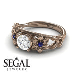 Unique Engagement Ring Diamond ring 14K Rose Gold Floral Flowers And Leafs Vintage Art Deco Diamond With Sapphire 