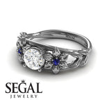 Unique Engagement Ring Diamond ring 14K White Gold Floral Flowers And Leafs Vintage Art Deco Diamond With Sapphire 