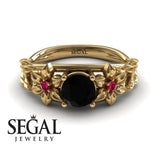 Unique Engagement Ring 14K Yellow Gold Floral Flowers And Leafs Vintage Art Deco Black Diamond With Ruby 