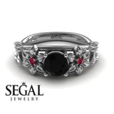 Unique Engagement Ring 14K White Gold Floral Flowers And Leafs Vintage Art Deco Black Diamond With Ruby 