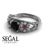 Unique Engagement Ring 14K White Gold Floral Flowers And Leafs Vintage Art Deco Black Diamond With Ruby 