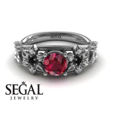 Unique Engagement Ring 14K White Gold Floral Flowers And Leafs Vintage Art Deco Ruby With Black Diamond 
