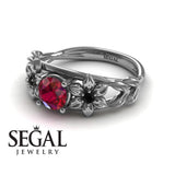 Unique Engagement Ring 14K White Gold Floral Flowers And Leafs Vintage Art Deco Ruby With Black Diamond 