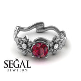 Unique Engagement Ring 14K White Gold Ruby With Diamond 