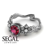 Unique Engagement Ring 14K White Gold Ruby With Diamond 