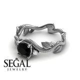 Unique Engagement Ring 14K White Gold Leafs And Branches Art Deco Black Diamond With Diamond 