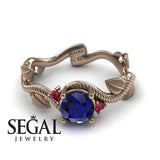 Unique Engagement Ring 14K Rose Gold Leafs And Branches Art Deco Sapphire With Ruby 