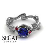 Unique Engagement Ring 14K White Gold Leafs And Branches Art Deco Sapphire With Ruby 