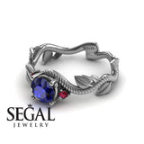 Unique Engagement Ring 14K White Gold Leafs And Branches Art Deco Sapphire With Ruby 