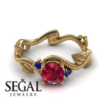 Unique Engagement Ring 14K Yellow Gold Leafs And Branches Art Deco Ruby With Sapphire 