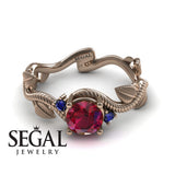 Unique Engagement Ring 14K Rose Gold Leafs And Branches Art Deco Ruby With Sapphire 