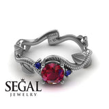 Unique Engagement Ring 14K White Gold Leafs And Branches Art Deco Ruby With Sapphire 