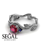 Unique Engagement Ring 14K White Gold Leafs And Branches Art Deco Ruby With Sapphire 