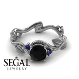 Unique Engagement Ring 14K White Gold Leafs And Branches Art Deco Black Diamond With Sapphire 