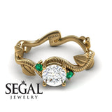 Unique Engagement Ring 14K Yellow Gold Leafs And Branches Art Deco Diamond With Green Emerald 