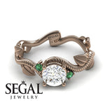 Unique Engagement Ring 14K Rose Gold Leafs And Branches Art Deco Diamond With Green Emerald 
