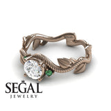 Unique Engagement Ring 14K Rose Gold Leafs And Branches Art Deco Diamond With Green Emerald 