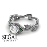 Unique Engagement Ring 14K White Gold Leafs And Branches Art Deco Diamond With Green Emerald 