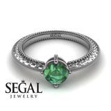 Unique Engagement Ring 14K White Gold Vintage Victorian Edwardian Green Emerald 