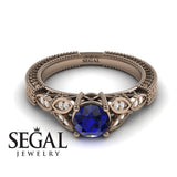 Unique Engagement Ring 14K Rose Gold Leafs Vintage Victorian Edwardian Art DecoSapphire With Diamond 