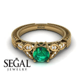 Unique Engagement Ring 14K Yellow Gold Leafs Vintage Victorian Edwardian Art DecoGreen Emerald With Diamond 