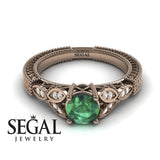 Unique Engagement Ring 14K Rose Gold Leafs Vintage Victorian Edwardian Art DecoGreen Emerald With Diamond 