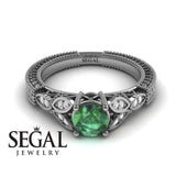 Unique Engagement Ring 14K White Gold Leafs Vintage Victorian Edwardian Art DecoGreen Emerald With Diamond 