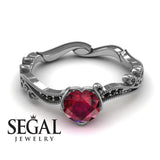 Unique Engagement Ring 14K White Gold Victorian Edwardian Ruby With Black Diamond 