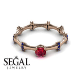 Unique Engagement Ring 14K Rose Gold Bamboo Vintage Ruby With Sapphire 