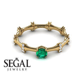 Unique Engagement Ring 14K Yellow Gold Bamboo Vintage Green Emerald With Diamond 